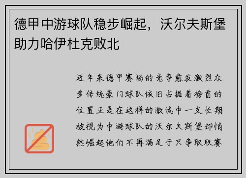 德甲中游球队稳步崛起，沃尔夫斯堡助力哈伊杜克败北